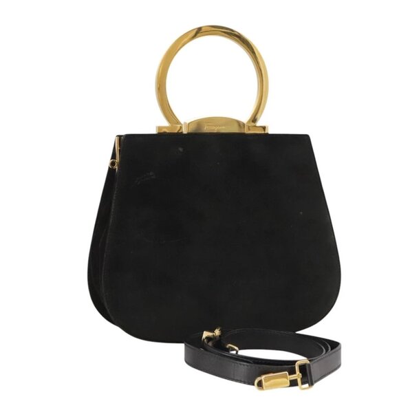 Salvatore Ferragamo Gancini Hand Bag Suede 2way Black Gold Auth 101932 - Picture 1 of 15